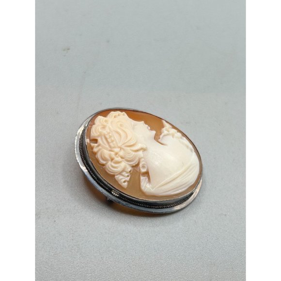 Vintage Sterling Silver Genuine Carved Cameo Shell Pendant Oval Pin Brooch - Picture 2 of 10